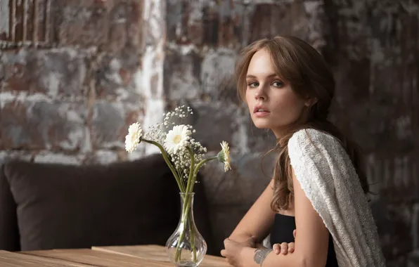 Картинка взгляд, девушка, цветы, лицо, поза, модель, герберы, Анастасия Щеглова