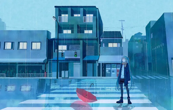 Дорога, девушка, дождь, зонт, светофор, Hatsune Miku, Vocaloid