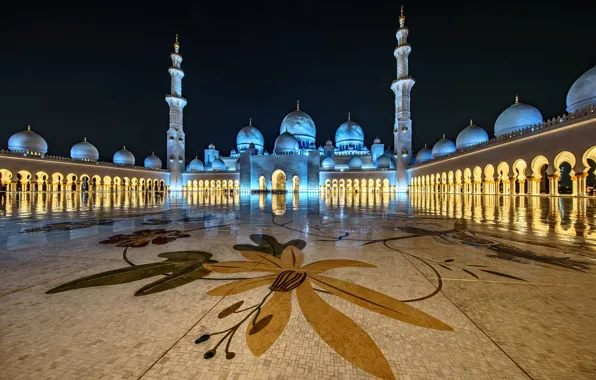 Картинка ночь, огни, архитектура, купол, ОАЭ, Абу-Даби, минарет, мечеть шейха Зайда