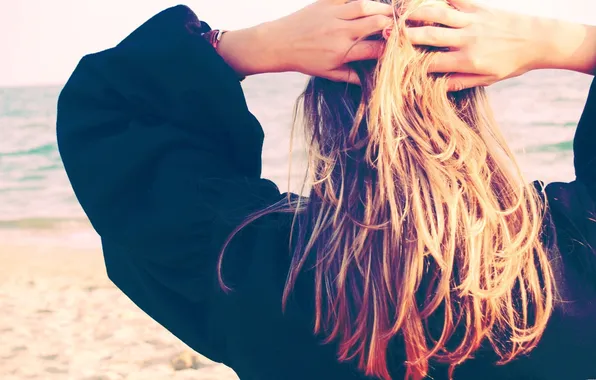 Картинка море, пляж, волосы, Девушка, блондинка, вид с зади