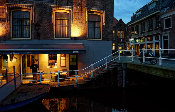 Ночь, город, фото, дома, лестница, Нидерланды, Alkmaar