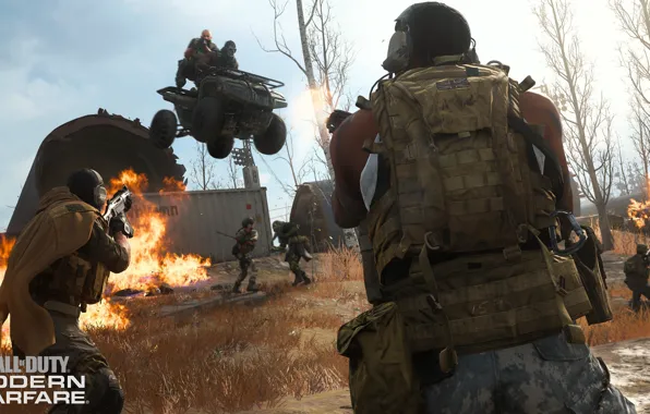 Машина, деревья, огонь, война, череп, маска, солдаты, Call of Duty