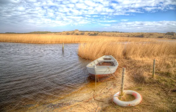 Небо, трава, облака, камыши, побережье, лодка, HDR, веревка