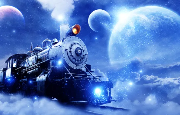 Fantasy, clouds, stars, planets, steam train