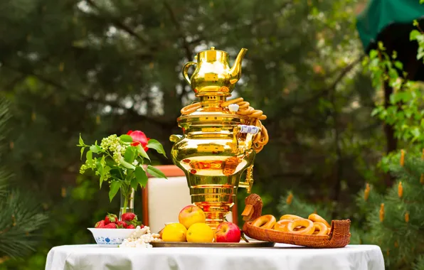 Цветы, природа, стол, чай, яблоки, букет, чайник, клубника