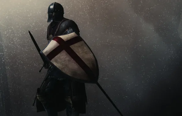 Картинка рендеринг, фон, меч, доспехи, воин, шлем, щит