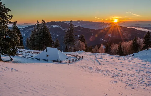 Картинка зима, солнце, снег, горы, утро