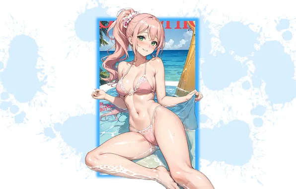 Kawaii, girl, hot, sexy, beach, pink hair, legs, ocean