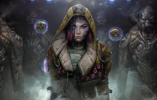 Girl, cyberpunk, cyborg, futuristic, looking at viewer, Dave Keenan