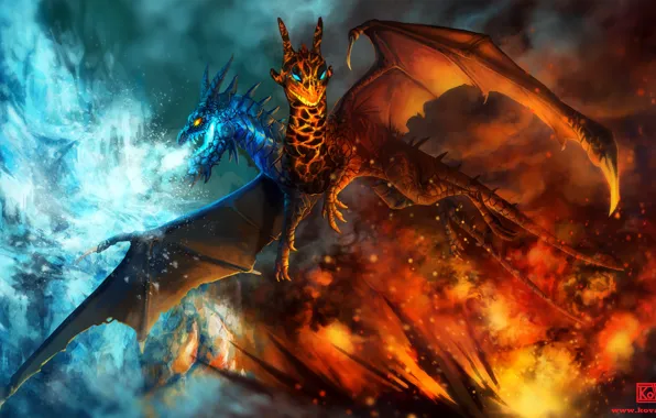 Картинка огонь, дракон, лёд, арт, Dota 2, Jakiro, Twin Head Dragon, A Song of Fire and …