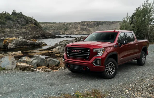 Картинка красный, пикап, водоём, GMC, Sierra, AT4, 2019