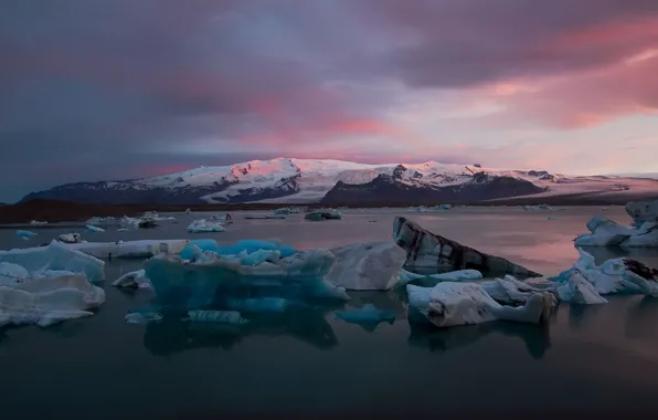 Картинка снег, рассвет, залив, Исландия, айсберги