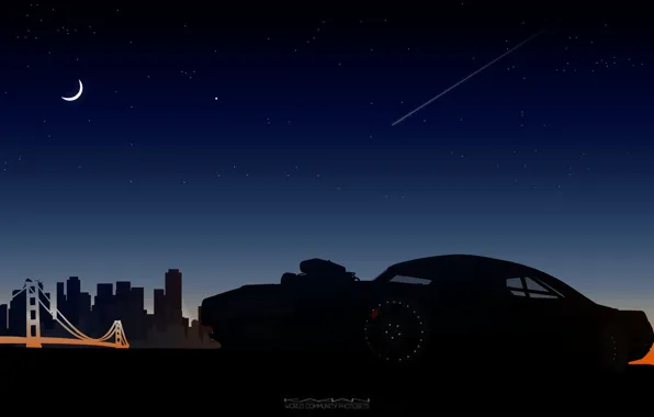 Ночь, Рисунок, Город, Машина, Силуэт, Dodge, Арт, Art