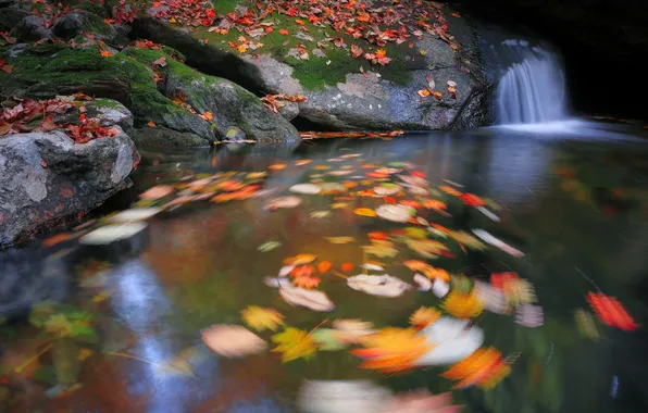 Осень, камни, водопад, водоворот, листопад, осенние листья