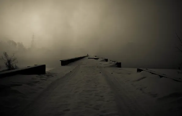 Картинка зима, снег, мост, туман, река, мрачность