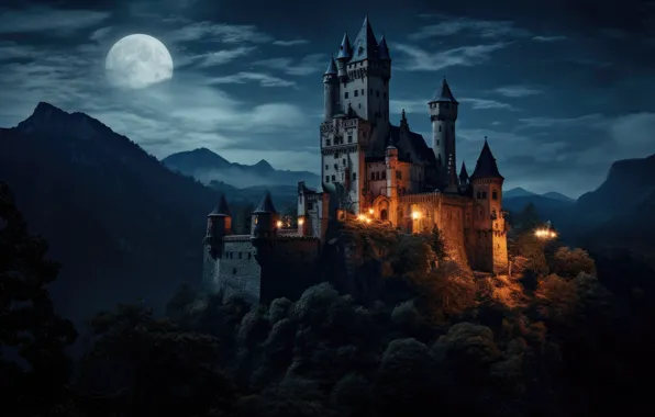 Ночь, замок, скалы, dark, старый, moon, view, old