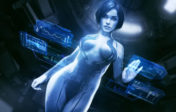 Грудь, девушка, лицо, тело, красавица, halo, cortana