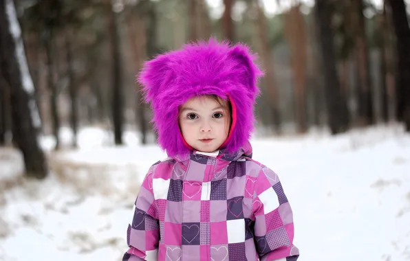 Зима, лес, снег, шапка, ребенок, куртка, девочка