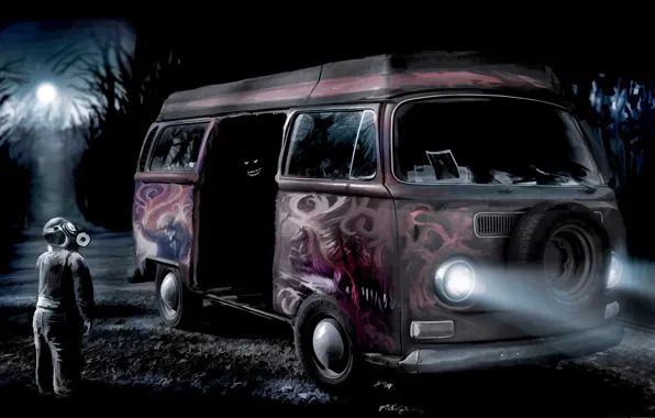Картинка граффити, человек, маска, автобус, Romantically Apocalyptic, don't procure confectionary from questionable vans