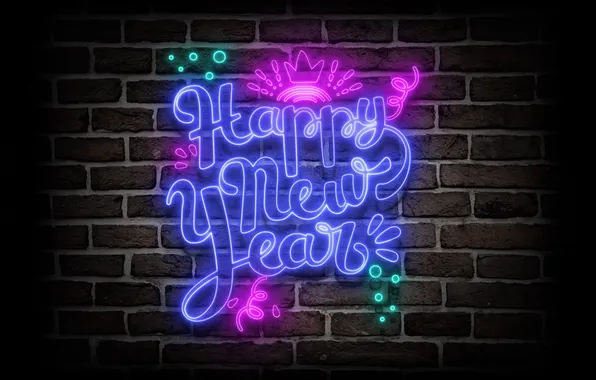 Новый год, Праздник, Happy New Year, New Year, Brick wall, Neon sign, Dark background, Celebrations