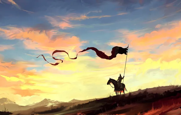 Картинка fantasy, sky, landscape, nature, clouds, painting, dragon, horse
