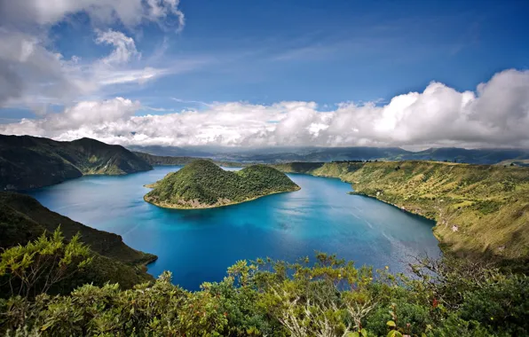 Sky, clouds, lake, island