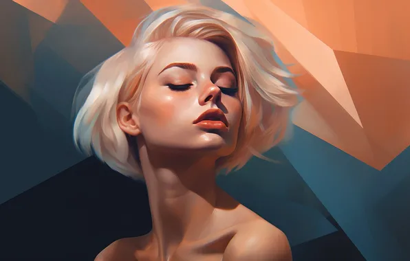 Short hair, women, face, blonde, simple background, closed eyes, bare shoulders, AI art