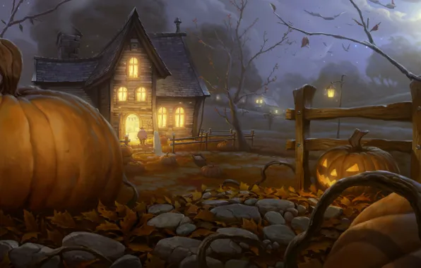 Картинка ночь, огни, дом, арт, Halloween, тыква, Хэллоуин, огород