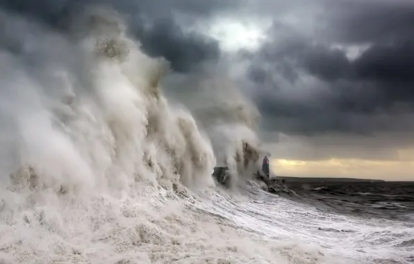 Storm, Sea, Wave, Porthcawl Lighthouse