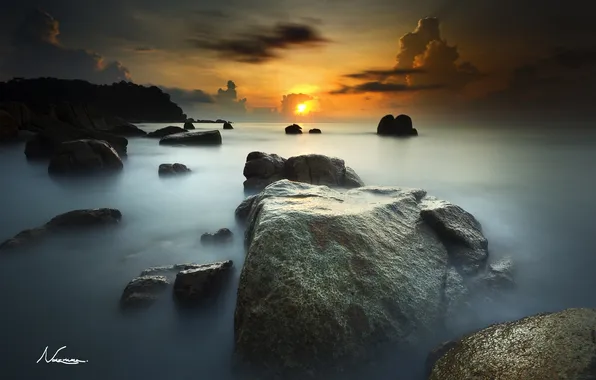 Картинка солнце, камни, океан, рассвет, горизонт