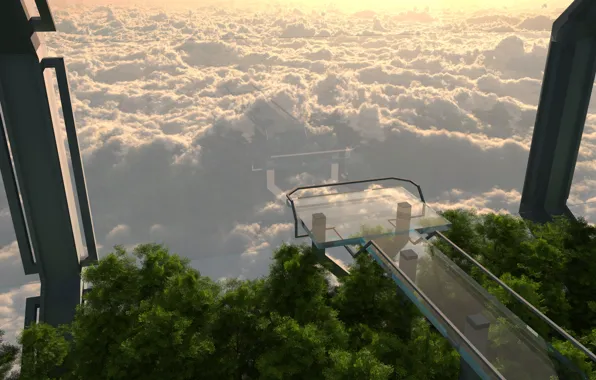 Glass, tower, trees, cloud sea overlook