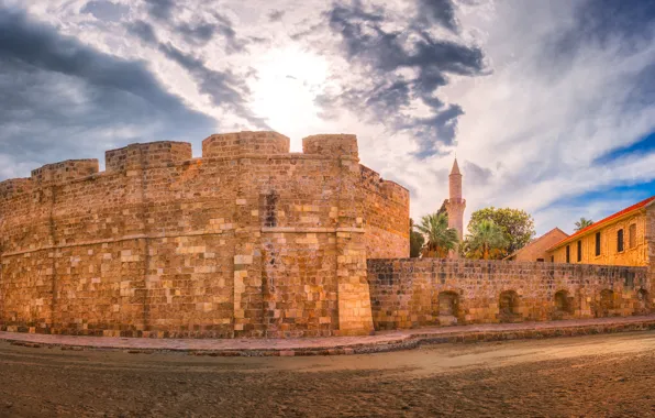 Дорога, облака, замок, стены, Кипр, Ларнака, Larnaka Medieval Castle