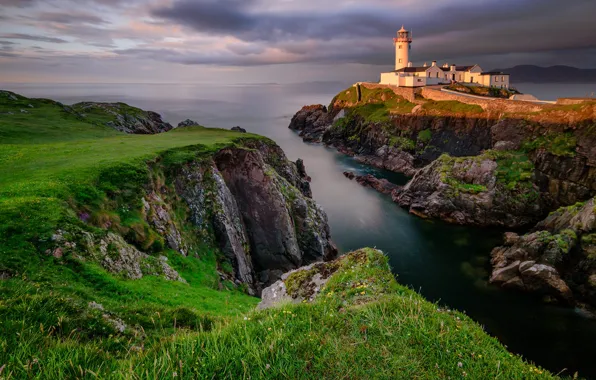 Картинка море, пейзаж, закат, тучи, скалы, маяк, Ирландия, Donegal