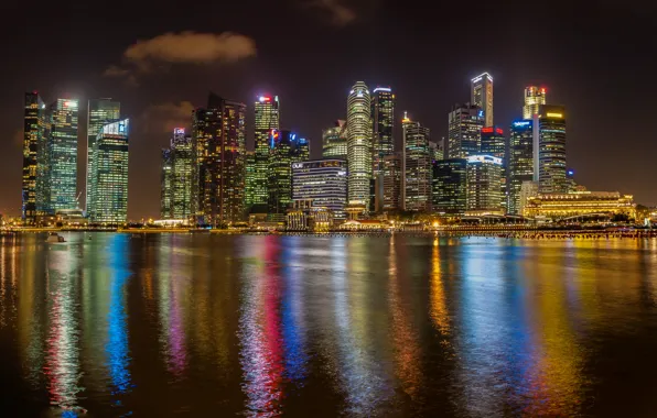 Картинка ночь, огни, побережье, небоскребы, залив, Сингапур