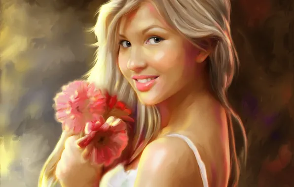 Картинка девушка, цветы, улыбка, арт, блондинка