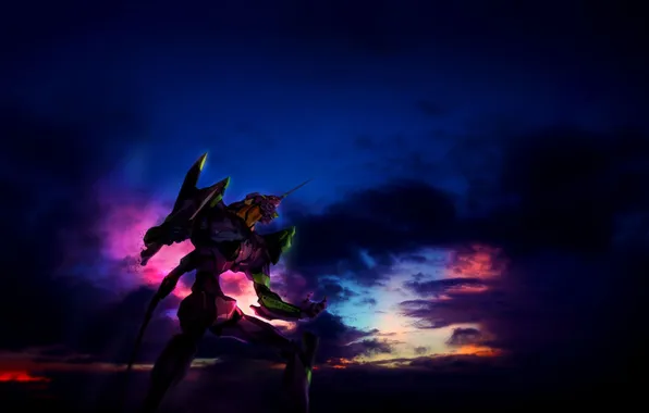 Картинка небо, облака, закат, ночь, робот, аниме, арт, Neon Genesis Evangelion