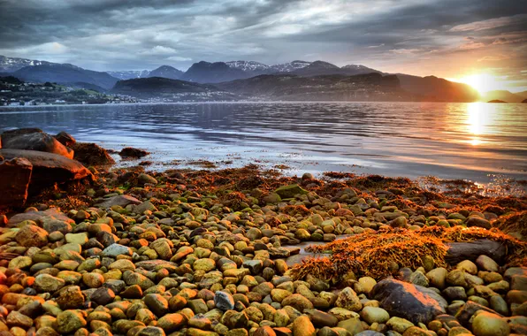 Море, закат, горы, камни, побережье, Норвегия, Hardangerfjorden