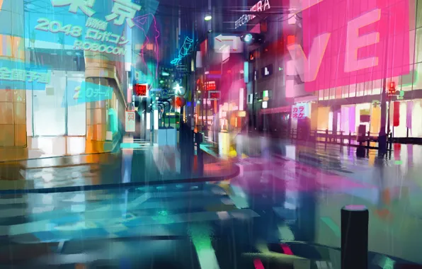 Город, будущее, дождь, cyberpunk