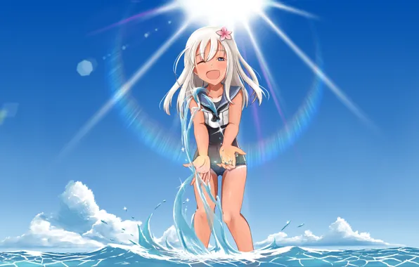 Солнце, Небо, Море, Лето, Девочка, Kantai Collection
