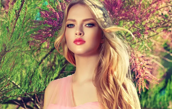 Картинка взгляд, солнце, деревья, ветки, природа, портрет, макияж, прическа