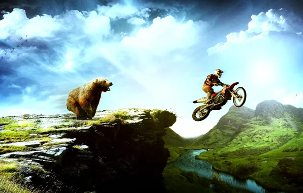 Картинка горы, птицы, медведь, мотоциклист, пейзаш
