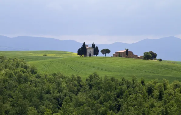 Картинка поле, деревья, горы, Италия, постройки, Italy, Тоскана, Tuscany