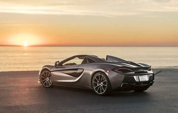 Закат, побережье, McLaren, суперкар, вид сзади, 2018, Spider, 570S