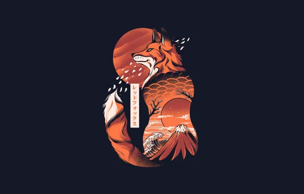 Минимализм, Япония, Лиса, Стиль, Фон, Fox, Japan, Арт
