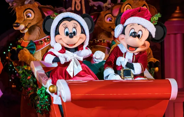 Рождество, Новый год, сани, олени, Disney World, Mickey Mouse, Диснейуорлд, Minnie Mouse