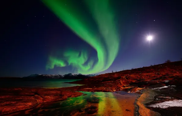 Небо, острова, звезды, горы, ночь, луна, северное сияние, Норвегия