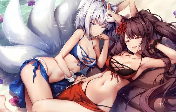 Sexy, cleavage, long hair, legs, girls, brown hair, boobs, animal ears