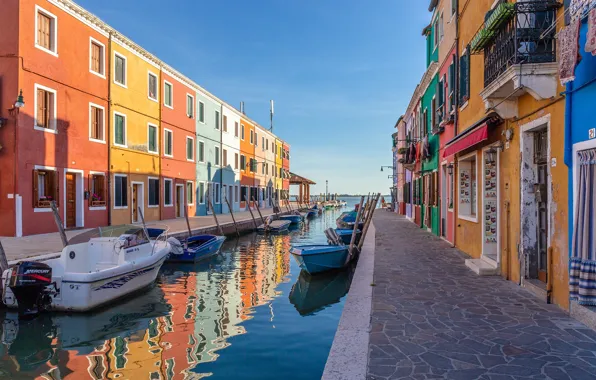 Здания, лодки, канал, италия, Burano