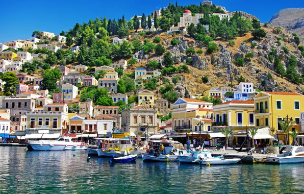 Картинка деревья, горы, природа, камни, побережье, остров, дома, лодки, Греция, Greece, Эгейское море, Сими