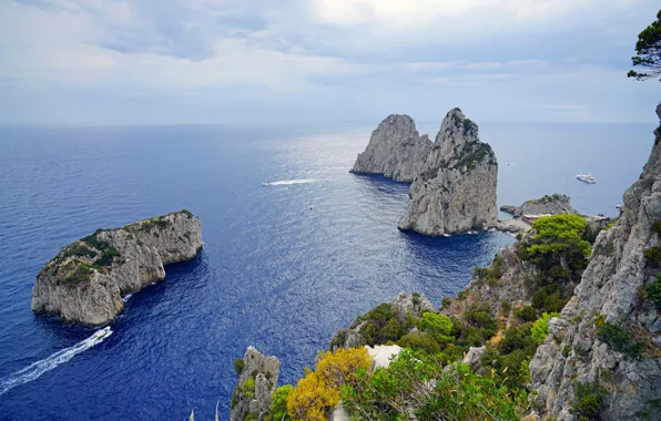 Море, небо, природа, скала, яхта, Италия, Capri